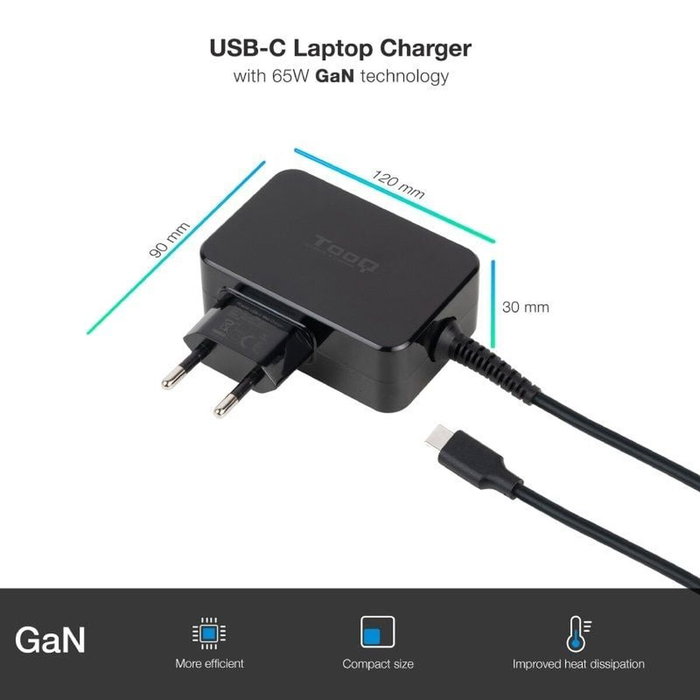 TooQ Cargador GaN 65W USB-C PD TQLC-USBCGAN65PD Negro