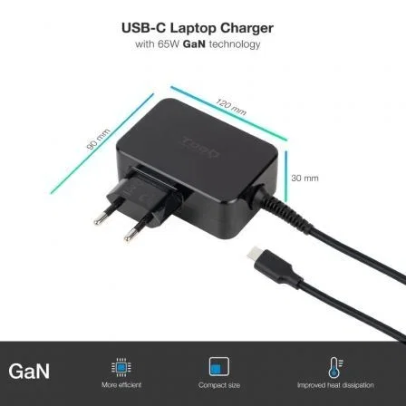 TooQ Cargador USB-C GaN 65W TQLC-USBCGAN65PD, Automático 5-20V para Portátil, Mac, con Cable 1.8m, Negro