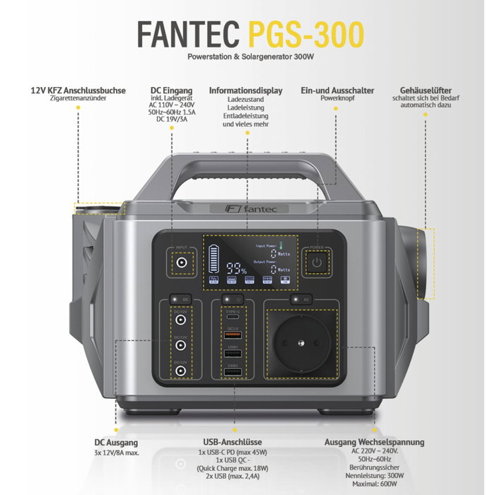 Fantec PGS-300 Power Station & Solar Generator 300W 296Wh