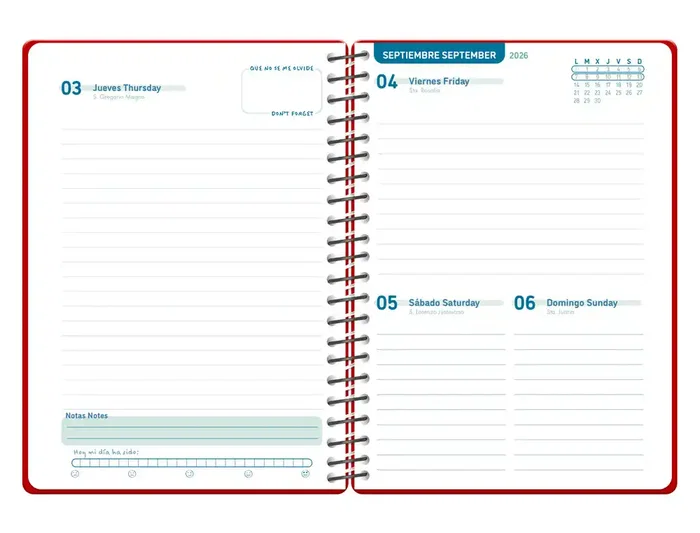 Liderpapel Agenda Escolar 26-27 Basic A5 Espiral Dia Pagina Bilingüe Rojo con Gomilla, Tapa Polipropileno, Papel FSC 70g