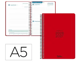 Liderpapel Agenda Escolar 26-27 Basic A5 Espiral Dia Pagina Bilingüe Rojo con Gomilla, Tapa Polipropileno, Papel FSC 70g