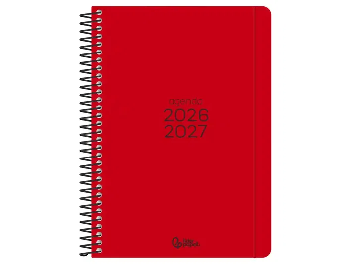 Liderpapel Agenda Escolar 26-27 Basic A5 Espiral Dia Pagina Bilingüe Rojo con Gomilla, Tapa Polipropileno, Papel FSC 70g