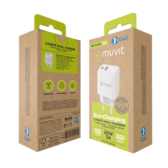 Cargador de Pared Muvit for Change Blanco 18 W 20 W Cargador de Pared Muvit for Change Blanco 18 W 20 W