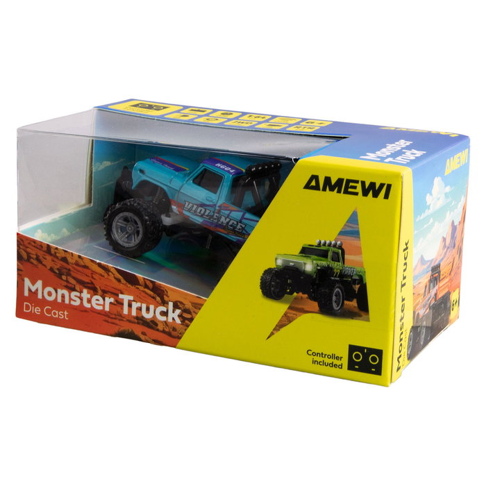 AMEWI 22697 - Camión Monstruo RC Die-Cast Escala 1:64 Listo para Usar, Color Azul, Control Remoto 2.4GHz, Batería Recargable, para Niños +6 Años