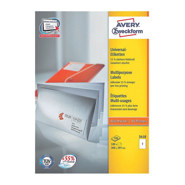 AVERY Zweckform Etiquetas 3418 blanco 200,0 x 297,0 mm AVERY Zweckform Etiquetas 3418 blanco 200,0 x 297,0 mm