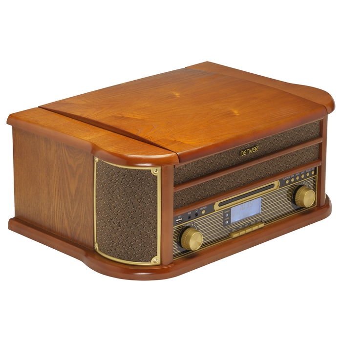 Denver MRD-51 Toca-discos 3 Velocidades 33 1/3, 45, 78 RPM con CD, Cassette, Radio DAB/FM, USB, Entrada AUX, Altavoces 2 x 5W, Madera Marrón