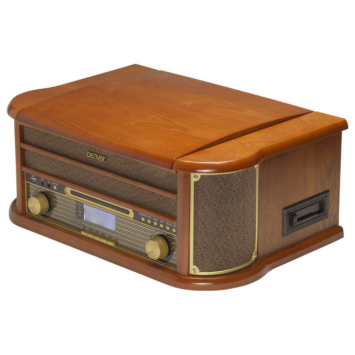 Denver MRD-51 Toca-discos 3 Velocidades 33 1/3, 45, 78 RPM con CD, Cassette, Radio DAB/FM, USB, Entrada AUX, Altavoces 2 x 5W, Madera Marrón