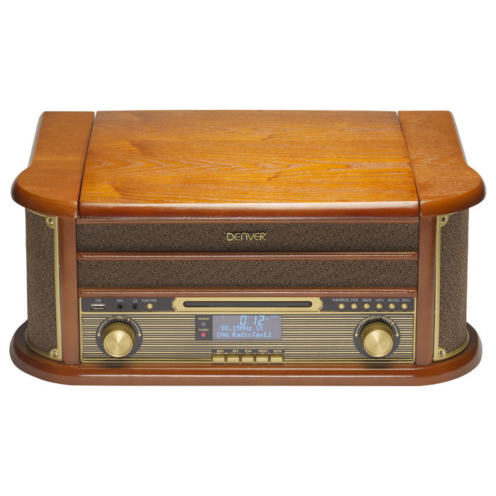 Denver MRD-51 Toca-discos 3 Velocidades 33 1/3, 45, 78 RPM con CD, Cassette, Radio DAB/FM, USB, Entrada AUX, Altavoces 2 x 5W, Madera Marrón