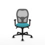 Silla de oficina Jorquera con mecanismo Sincro tapizada con Tela color Turquesa y malla color Gris. Equipada con lumbar 1D, Brazos 1D y Ruedas 65mm nailon
