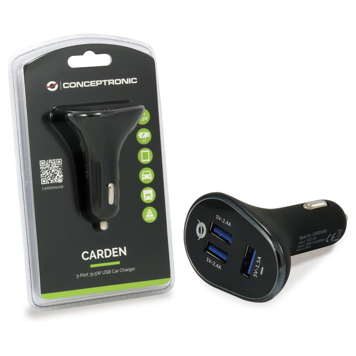 Conceptronic CARDEN06B Cargador de Coche 3 Puertos USB-A 31.5W para Encendedor, 5V, Negro