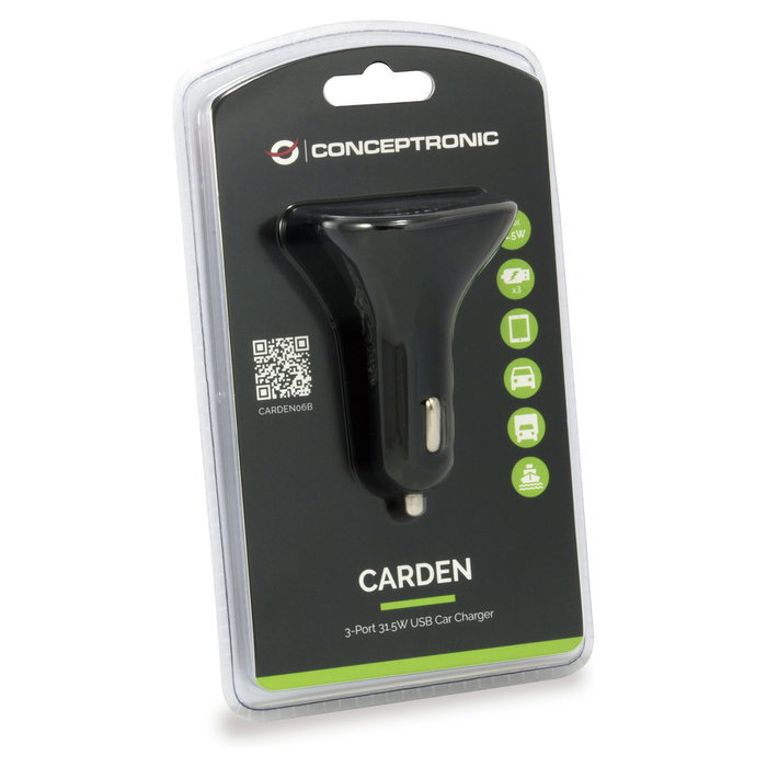 Conceptronic CARDEN06B Cargador de Coche 3 Puertos USB-A 31.5W para Encendedor, 5V, Negro