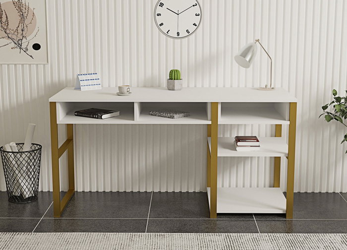 Hanah Home Mesa de Estudio White Gold 150 cm x 75.8 cm x 58.4 cm Tablero Melamina Patas Metal Blanco y Oro Hanah Home Mesa de Estudio White Gold 150 cm x 75.8 cm x 58.4 cm Tablero Melamina Patas Metal Blanco y Oro
