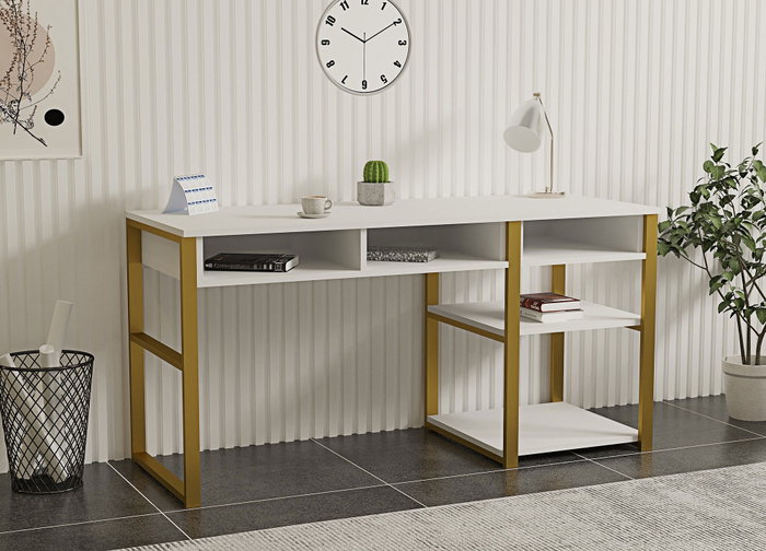 Hanah Home Mesa de Estudio White Gold 150 cm x 75.8 cm x 58.4 cm Tablero Melamina Patas Metal Blanco y Oro Hanah Home Mesa de Estudio White Gold 150 cm x 75.8 cm x 58.4 cm Tablero Melamina Patas Metal Blanco y Oro
