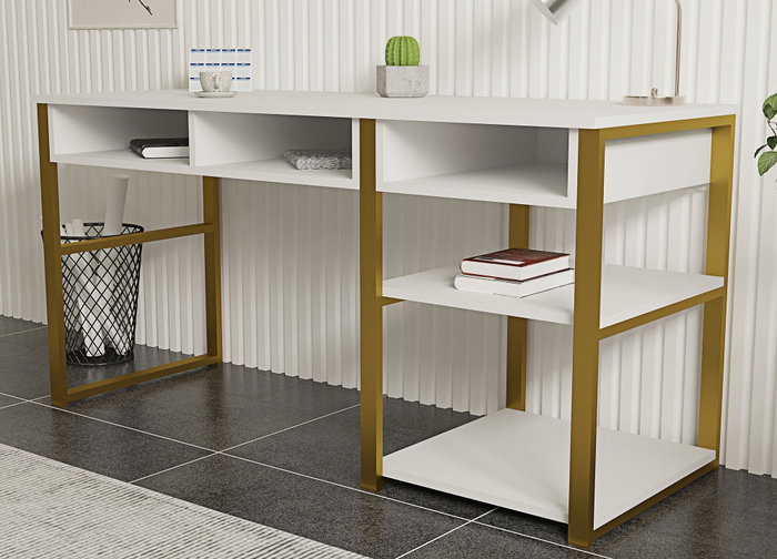 Hanah Home Mesa de Estudio White Gold 150 cm x 75.8 cm x 58.4 cm Tablero Melamina Patas Metal Blanco y Oro Hanah Home Mesa de Estudio White Gold 150 cm x 75.8 cm x 58.4 cm Tablero Melamina Patas Metal Blanco y Oro