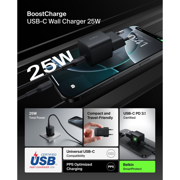 Belkin Cargador de Pared USB-C 25 W con PPS, Negro