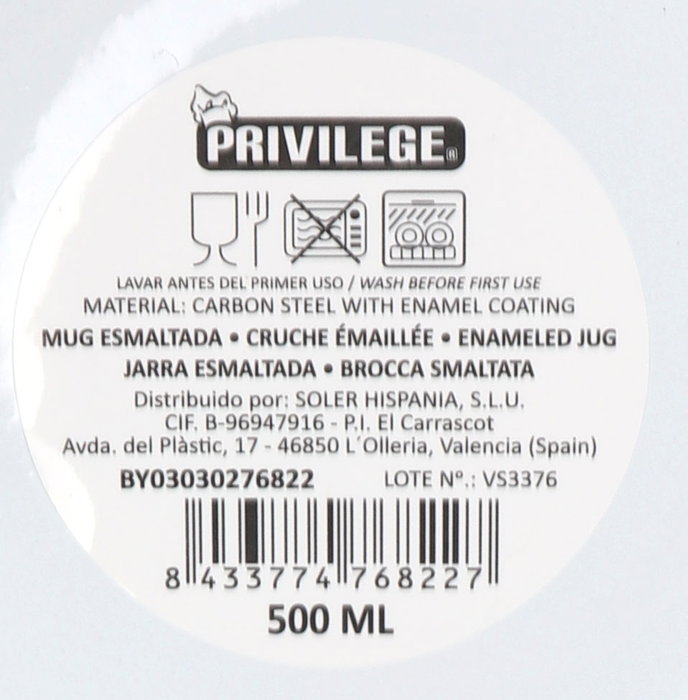 Privilege Taza Esmaltada Blanca con Frases 500 ml - Ancho 10 cm, Alto 8.9 cm, Largo 13 cm (24 Unidades)