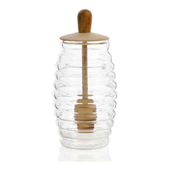 Andrea House Tarro para Miel MS66068 de Vidrio Borosilicato y Madera con Cuchara, Capacidad 300ml, ø5,5 x 15,5 cm