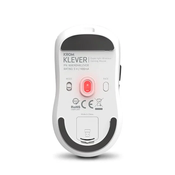 KROM Klever Ratón Gaming Inalámbrico 2.4GHz para Diestro, Ultraligero 55g, Sensor Óptico Pixart 3325 hasta 10000 DPI, 6 Botones, 1000Hz, Batería Recargable, Blanco