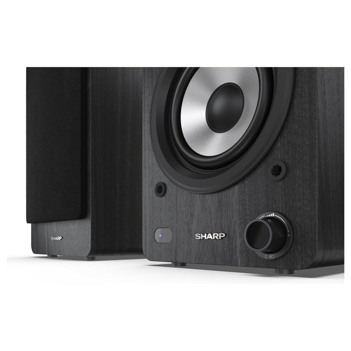 Sharp Altavoces de Estantería de 2 Vías, 60 W RMS, 2.0 Canales, Bluetooth 5.0 y Cableado (AUX/RCA), Madera, Negro
