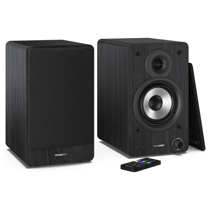 Sharp Altavoces de Estantería de 2 Vías, 60 W RMS, 2.0 Canales, Bluetooth 5.0 y Cableado (AUX/RCA), Madera, Negro