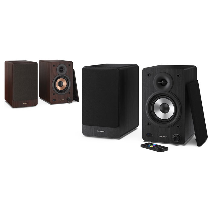 Sharp Altavoces de Estantería de 2 Vías, 60 W RMS, 2.0 Canales, Bluetooth 5.0 y Cableado (AUX/RCA), Madera, Negro