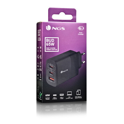 NGS BUD65W Cargador de Pared GaN 65W con 2x USB-C y 1x USB-A Negro