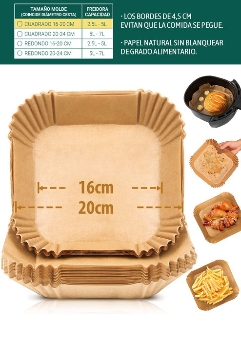 Inde Set 35 Bases Papel Airfryer Cuadradas 20 cm (24 Unidades)