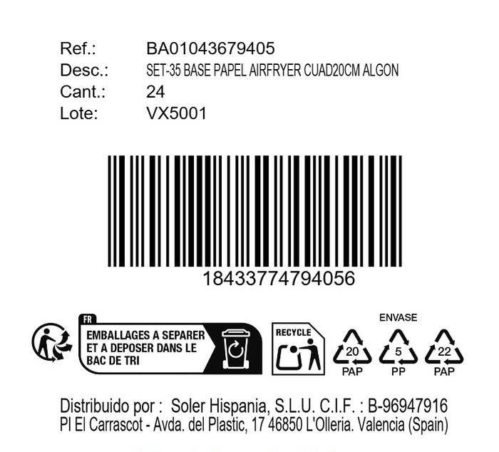 Inde Set 35 Bases Papel Airfryer Cuadradas 20 cm (24 Unidades)