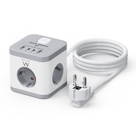 Ewent EW3863 Regleta Sobremesa con 3 Tomas Schuko, 2 USB-A y 2 USB-C PD/QC 3.0 (20W), Torre Compacta para Escritorio