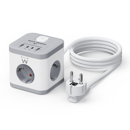 EWENT EW3863 Base Múltiple con 3 Tomas AC y 4 Puertos USB (2x USB-A, 2x USB-C PD/QC 3.0), Cable 1.5m, Protección Sobretensión, Gris/Blanco