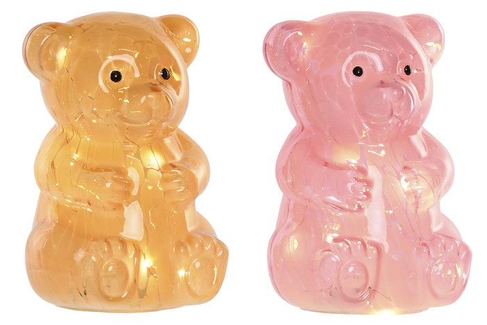 DKD Home Decor Decoración Luminosa Rosa Ambar Oso Cristal LED 14 x 20 x 13 cm (2 Unidades)