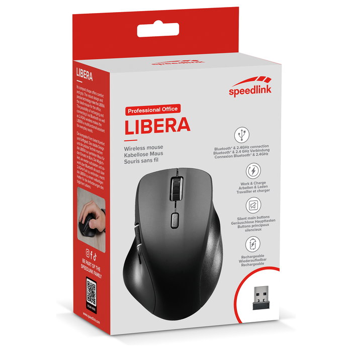 Speedlink SL-630021-RRBK Libera Ratón Óptico Gaming Inalámbrico Recargable Bluetooth 3200 DPI 4 Niveles Silencioso Ergonomico Negro