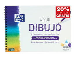 Oxford Bloc Dibujo Escolar Tamaño A4+, 20 Hojas, Espiral Blanda, Papel Recuadro Blanco de 130 g