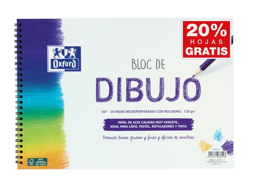 Oxford Bloc Dibujo Escolar Tamaño A4+, 20 Hojas, Espiral Blanda, Papel Recuadro Blanco de 130 g Oxford Bloc Dibujo Escolar Tamaño A4+, 20 Hojas, Espiral Blanda, Papel Recuadro Blanco de 130 g