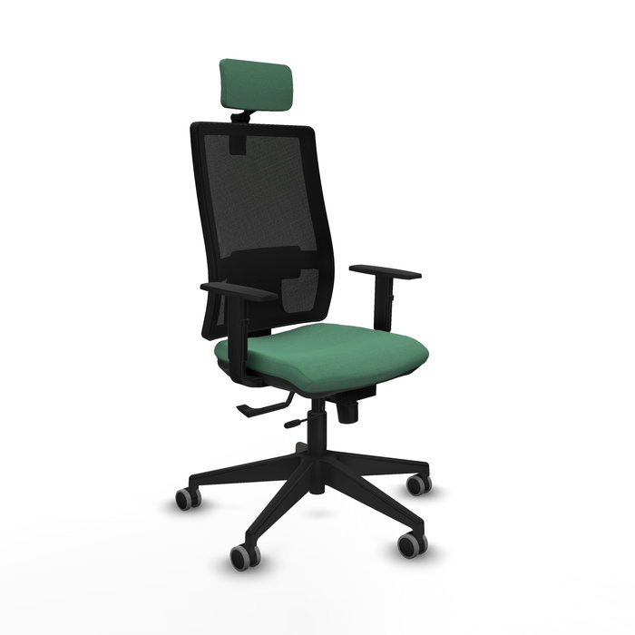 Silla de oficina Horna con mecanismo Sincro/Traslack tapizada con Tela color Verde esmeralda y malla color Negro. Equipada con lumbar 1D, Brazos 1D, Cabecero 2D y Ruedas 65 mm parqué Silla de oficina Horna con mecanismo Sincro/Traslack tapizada con Tela color Verde esmeralda y malla color Negro. Equipada con lumbar 1D, Brazos 1D, Cabecero 2D y Ruedas 65 mm parqué