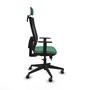 Silla de oficina Horna con mecanismo Sincro/Traslack tapizada con Tela color Verde esmeralda y malla color Negro. Equipada con lumbar 1D, Brazos 1D, Cabecero 2D y Ruedas 65 mm parqué