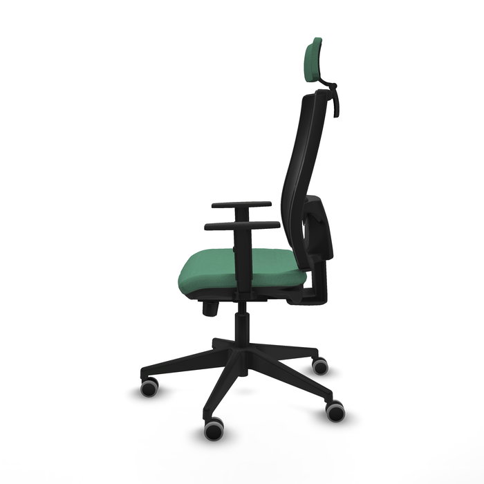 Silla de oficina Horna con mecanismo Sincro/Traslack tapizada con Tela color Verde esmeralda y malla color Negro. Equipada con lumbar 1D, Brazos 1D, Cabecero 2D y Ruedas 65 mm parqué Silla de oficina Horna con mecanismo Sincro/Traslack tapizada con Tela color Verde esmeralda y malla color Negro. Equipada con lumbar 1D, Brazos 1D, Cabecero 2D y Ruedas 65 mm parqué