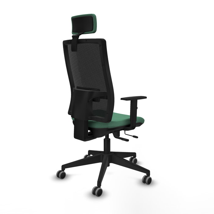 Silla de oficina Horna con mecanismo Sincro/Traslack tapizada con Tela color Verde esmeralda y malla color Negro. Equipada con lumbar 1D, Brazos 1D, Cabecero 2D y Ruedas 65 mm parqué Silla de oficina Horna con mecanismo Sincro/Traslack tapizada con Tela color Verde esmeralda y malla color Negro. Equipada con lumbar 1D, Brazos 1D, Cabecero 2D y Ruedas 65 mm parqué