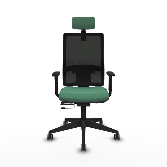 Silla de oficina Horna con mecanismo Sincro/Traslack tapizada con Tela color Verde esmeralda y malla color Negro. Equipada con lumbar 1D, Brazos 1D, Cabecero 2D y Ruedas 65 mm parqué Silla de oficina Horna con mecanismo Sincro/Traslack tapizada con Tela color Verde esmeralda y malla color Negro. Equipada con lumbar 1D, Brazos 1D, Cabecero 2D y Ruedas 65 mm parqué