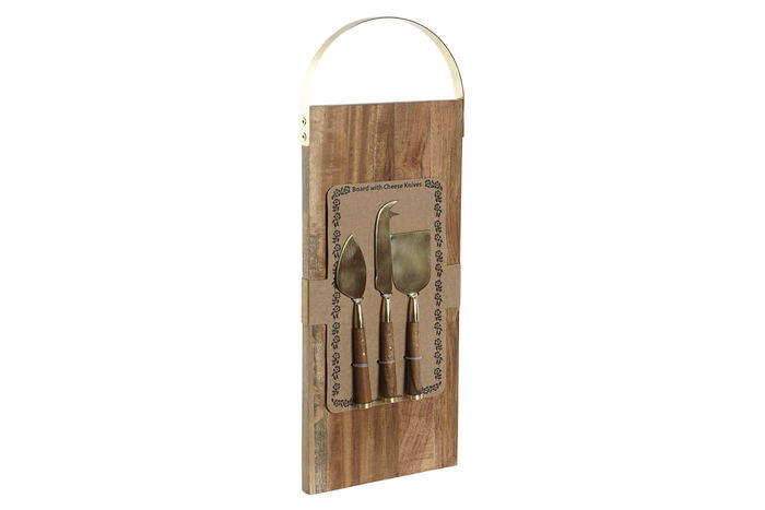 DKD Home Decor Tabla Cortar Acacia Inox Natural Dorado 46.5 x 17.7 x 2 cm Set 4 Piezas