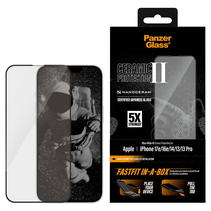PanzerGlass Protector de Pantalla Cerámico Ultra-Wide Fit con Fastfit para iPhone 17e, 16e, 14, 13 Pro y 13