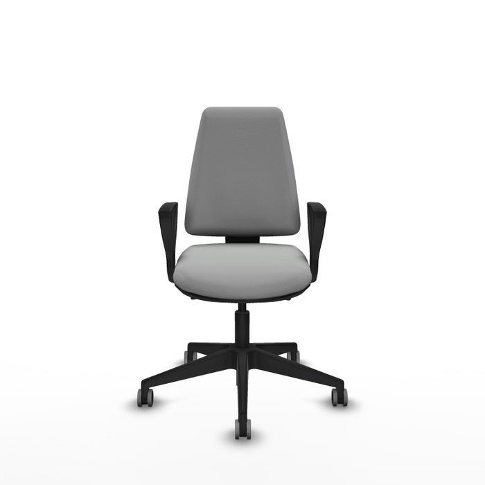 Silla de oficina Elche con mecanismo Asincro tapizada con Similpiel color Gris claro. Equipada con Base piramidal negra, Brazos fijos y Ruedas 65 mm parqué