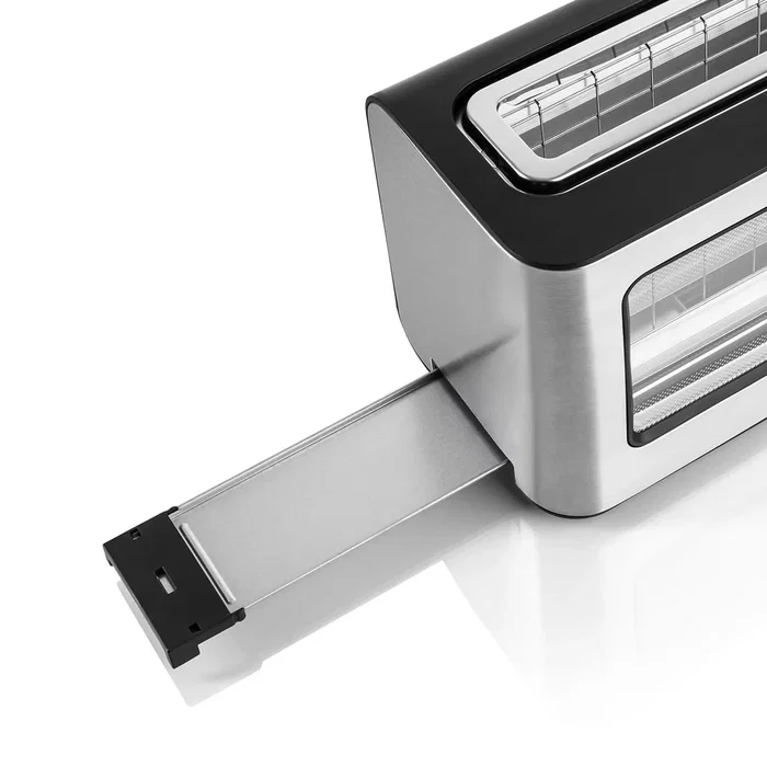 Haeger TO-100.014A Tostadora de 2 Rebanadas, 1000W, 6 Niveles de Tostado, Función Descongelar y Recalentar, Negro y Acero Inoxidable