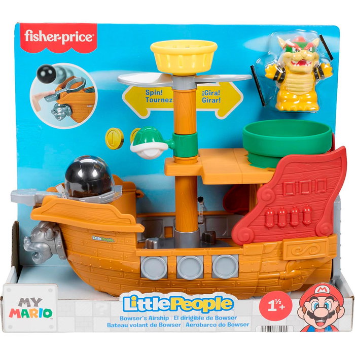 Fisher-Price Little People Bowser's Ship Barco de Juguete con Figura y Cañón, Licencia Super Mario, Juguete de Empuje +12 Meses, Referencia Jhg62