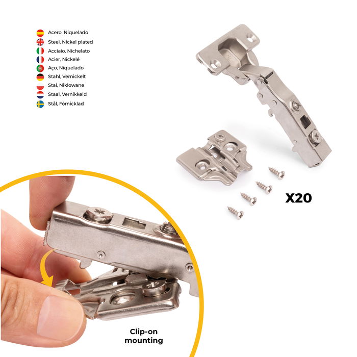 Emuca Lote de 20 bisagras rectas X91N con suplementos para atornillar, Altura 0, Acero, Niquelado Emuca Lote de 20 bisagras rectas X91N con suplementos para atornillar, Altura 0, Acero, Niquelado