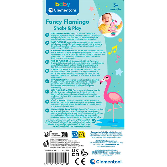 Clementoni 17492 Sonajero Musical Flamenco para bebés +3 meses - Con melodías y efectos sonoros multilingüe