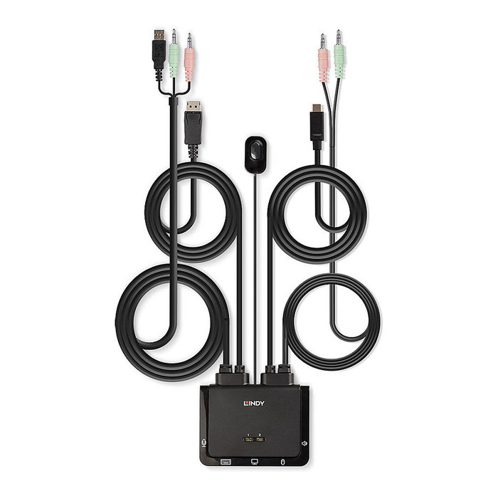 LINDY 42346 KVM Switch 2 Puertos DisplayPort 1.2 con Cable USB-C, 4K Ultra HD (3840 x 2160), Control para 2 Ordenadores, Negro