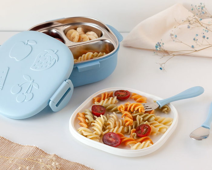 KioKids Caja Almuerzo Cuadrado Acero Inoxidable Azul 450ml con Cubiertos y Compartimentos