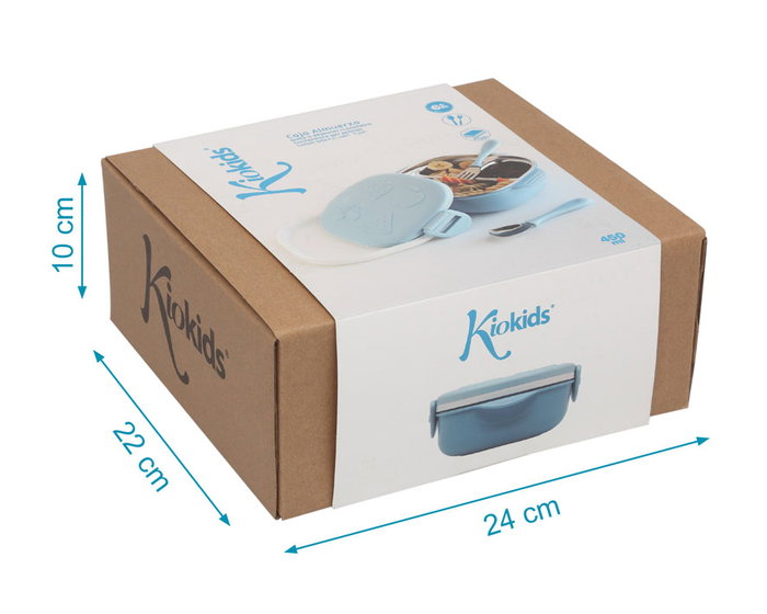 KioKids Caja Almuerzo Cuadrado Acero Inoxidable Azul 450ml con Cubiertos y Compartimentos