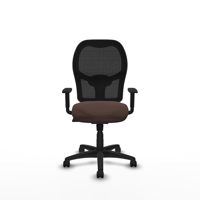 Silla de oficina Alocén con mecanismo Sincro tapizada con Similpiel color Marrón oscuro y malla color Negro. Equipada con lumbar 1D, Brazos 1D y Ruedas de nailon 50 mm